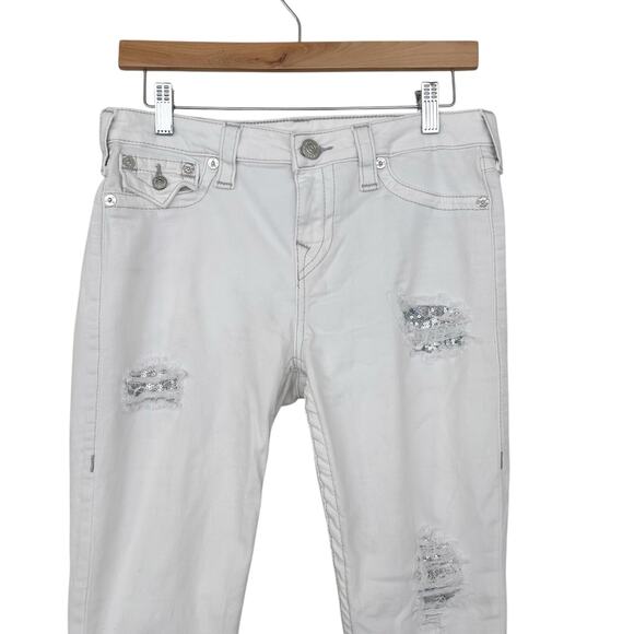 True Religion White Distressed Sequin Skinny Jeans Sz 29 - Picture 3 of 9